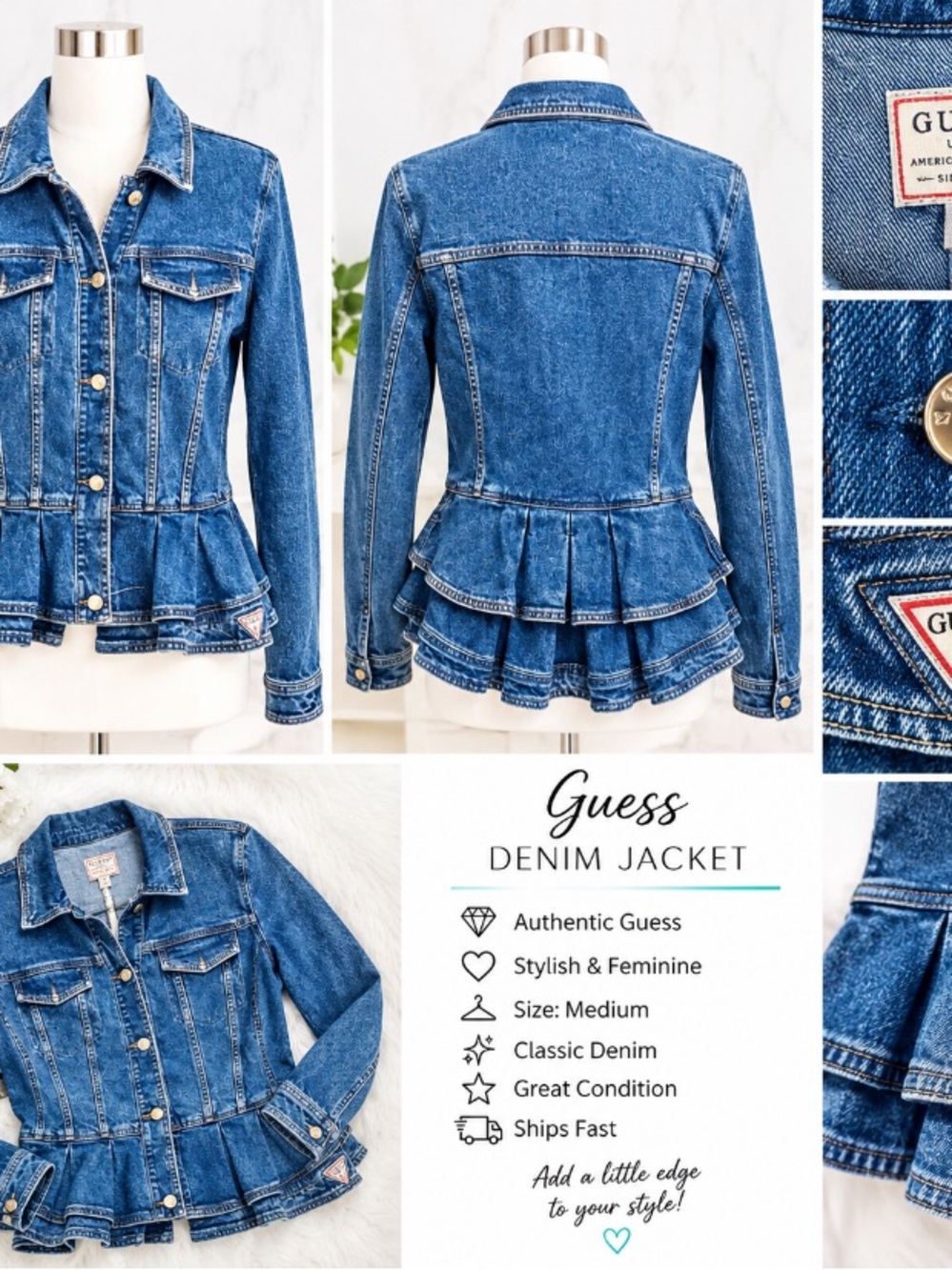 Guess Blue Denim Peplum Jacket with Ruffle Hem